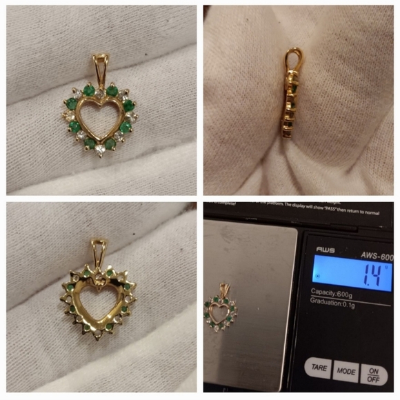 10K Gold Necklace Pendant Heart Lab Emerald White Quartz 10KT - Picture 3 of 5